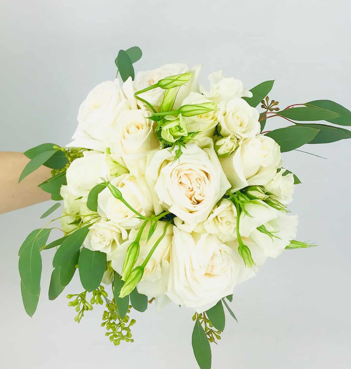 Light Blue Ivory Rose Eucalyptus Faux Foam Bridal Wedding Bouquet  Accessories